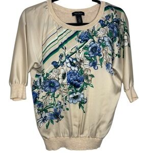 White House Black Market Floral Beige Green Blue Top Blouse Size Small